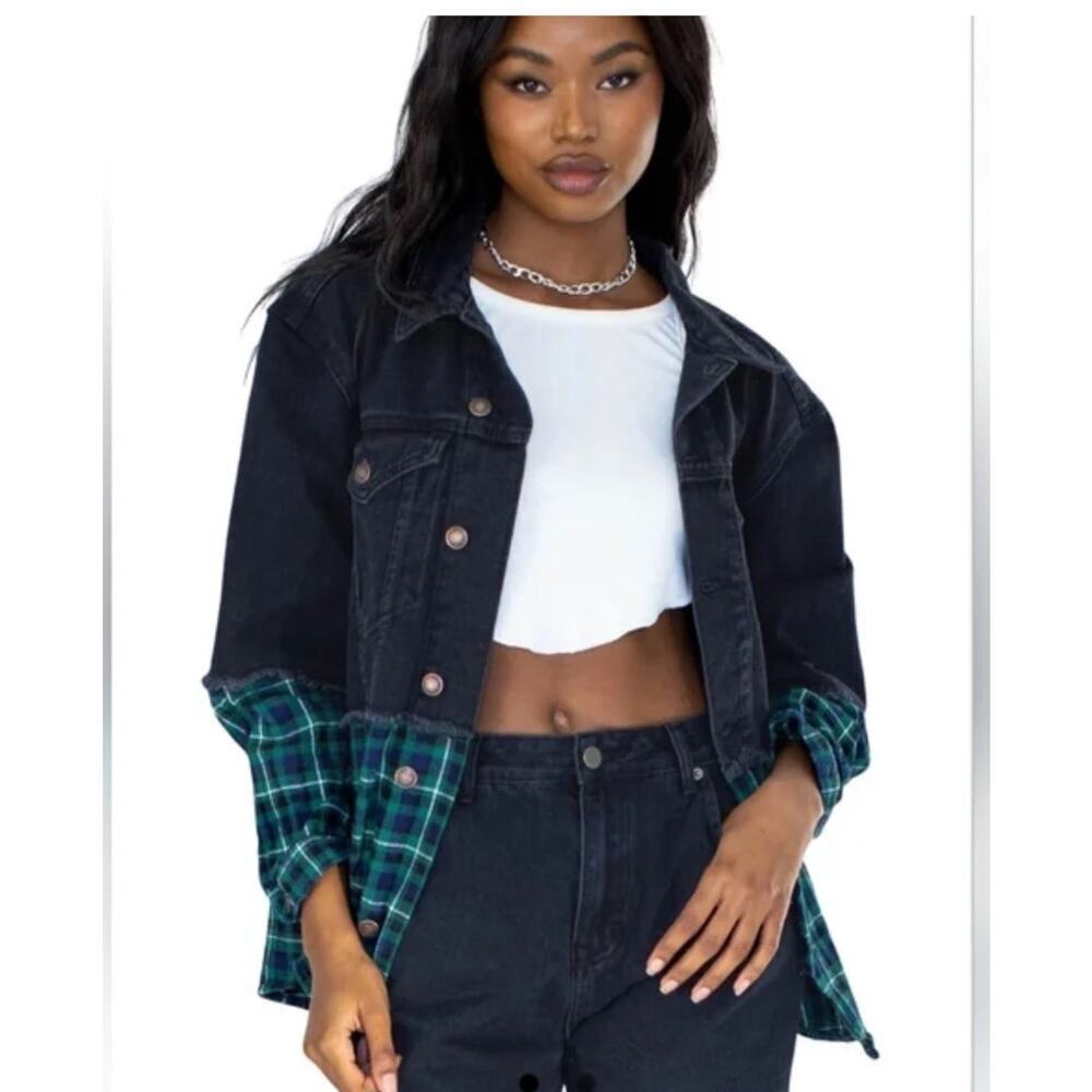 Princess Polly Denim Jacket Size M L Black Green‎ Grunge Flannel Cabin Oversized